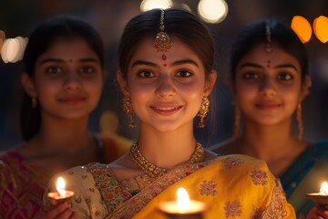Fototapeta premium Young girls celebrating a festival at night, holding candles and wearing traditional Indian attire with joyful expressions