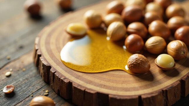 Golden elixir extracted from natural kernels, resting on a rustic wooden surface