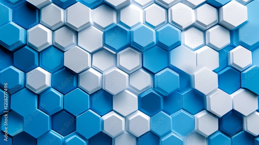 Poster abstract hexagonal pattern and molecular structure on a blue background, showcasing digital technolo