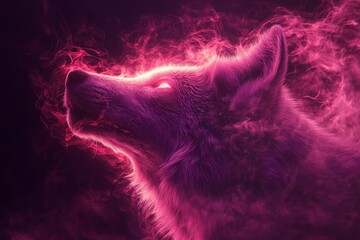 Mystical wolf surrounded by vibrant purple smoke in a dark setting at twilight