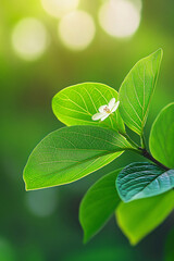 Green plant with blooming flower, branch of young tree. Fresh macro photography. Vertical template eco products, spring and summer postcard, background, backdrop and wallpaper.