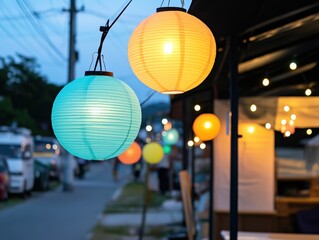 Obraz premium Colorful Paper Lanterns Illuminate a Serene Outdoor Evening Setting