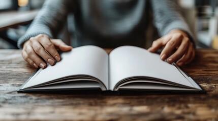 Open Book on Wooden Table with Hands Ready to Write Notes