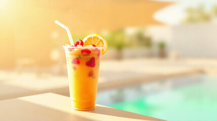 Disposal coctail sticks, Eco-Friendly Products, paper coctail sticks, Refreshing fruity cocktail with strawberries and lemon in plastic cup by the poolside