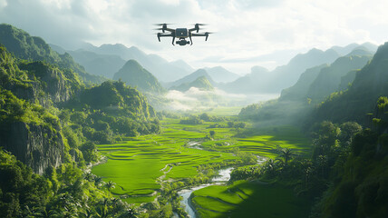Drone Flying Over Lush Green Valley Landscape