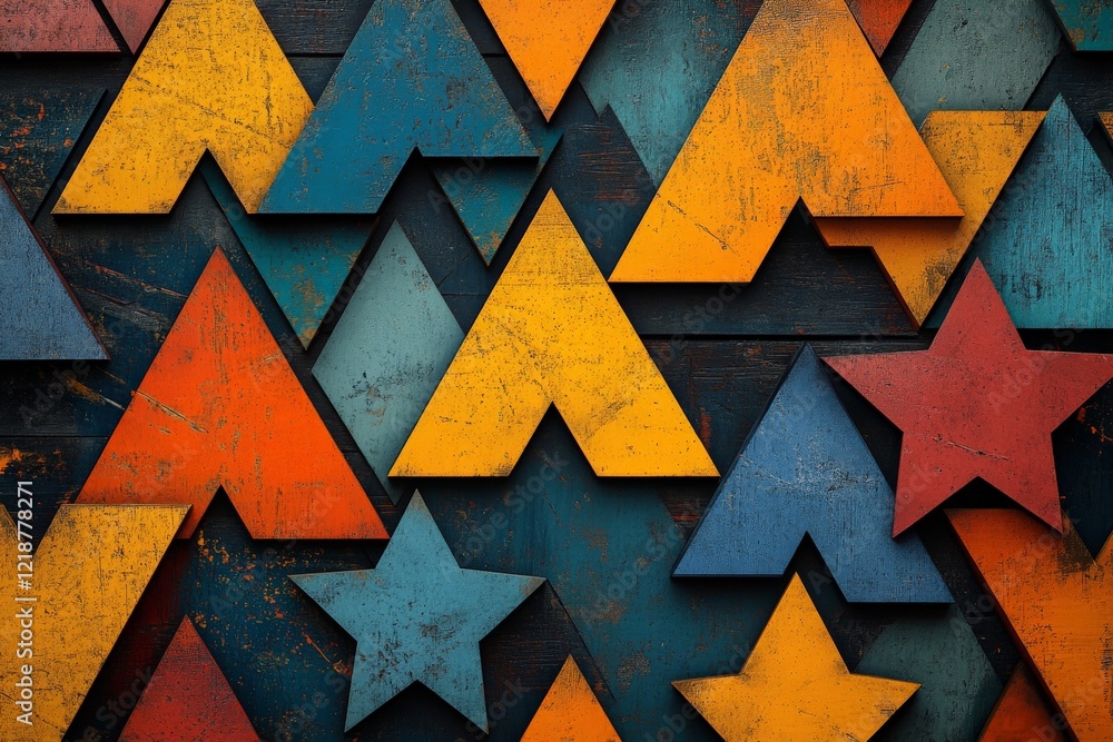 Poster colorful geometric shapes create a vibrant and textured wall display in an artistic setting