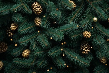 Decorative evergreen branches adorned with golden pinecones and ornaments for a festive holiday celebration