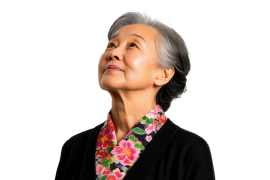 Senior woman with thoughtful expression, isolated on transparent background