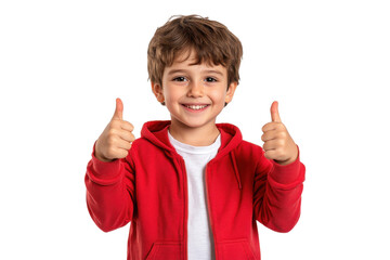 Cheerful boy in a red hoodie showing double thumbs up, isolated on transparent background