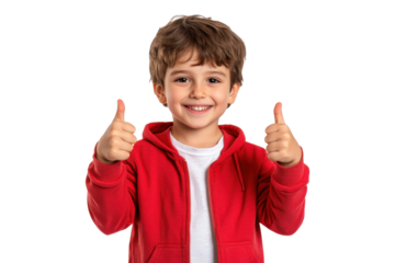 Cheerful boy in a red hoodie showing double thumbs up, isolated on transparent background