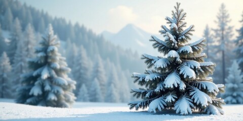 Obraz premium Serene Winter Landscape Featuring a Snow-Covered Evergreen Tree in a Frosty Forest