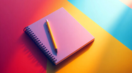 Pink notebook and yellow pen on a colorful background.