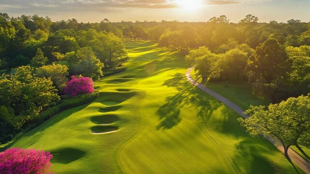 Aerial view of a lush green golf course at sunset. The vibrant colors and shadows create a stunning landscape. Ideal for travel, leisure, or sports-related projects.