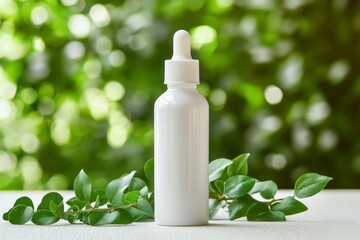 A plain white dropper bottle with no label, resting on green leaves against an off-white wooden surface. The background is blurred to emphasize the foreground object.
