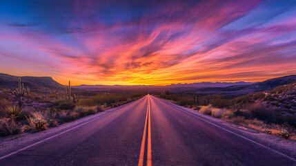 Fototapeta premium Sunset Wilderness: A Desert Road Trip through New Mexico's Vibrant Landscape