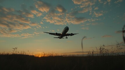 Fototapeta premium A plane flying in the sky at sunset, with clouds and blue skies. The airplane is black or gray, with its landing gear down as it takes off from an airport or runway.