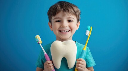 Happy child holding toothbrushes and giant tooth on blue background