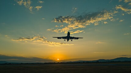 Fototapeta premium A plane flying in the sky at sunset, with clouds and blue skies. The airplane is black or gray, with its landing gear down as it takes off from an airport or runway.