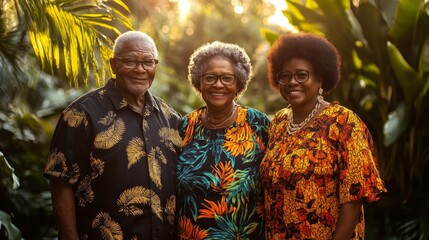 Caribbean Grandparents Embracing Nature: Warm Ebony Tones and Lush Tropical Beauty