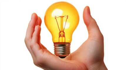 A hand gently cradles a glowing lightbulb, symbolizing an idea or innovation.