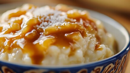 Close-up of rice pudding with caramel sauce and sea salt in a decorative bowl, showcasing sweet and salty combination of flavors. Ideal for dessert recipes and indulgent treats.