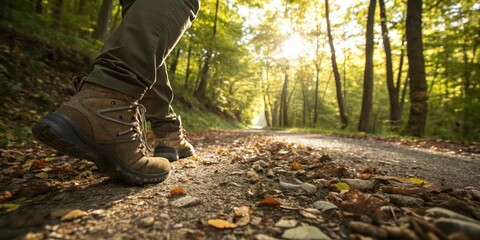 Person Walking Through a Forest Path at Sunrise with Warm Golden Light and Nature Vibes