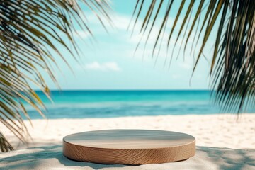 Obraz premium A round wooden podium on the beach with a blue sea and palm leaves in the background, a summer vacation concept. The background is suitable for a product display presentation mock-up template. There i