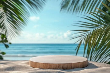 A round wooden podium on the beach with a blue sea and palm leaves in the background, a summer vacation concept. The background is suitable for a product display presentation mock-up template. There i