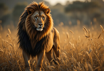 Obraz premium Majestic Lion in Golden Savanna Landscape