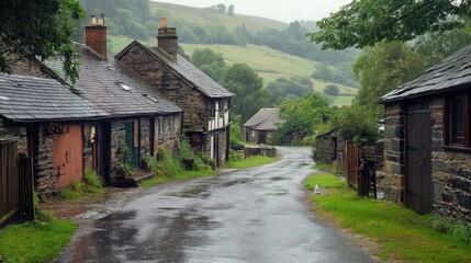 Fototapeta premium Picturesque Welsh Village on a Rainy Day