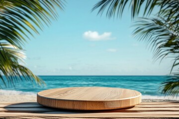 Fototapeta premium A round wooden podium on the beach with a blue sea and palm leaves in the background, a summer vacation concept. The background is suitable for a product display presentation mock-up template. There i
