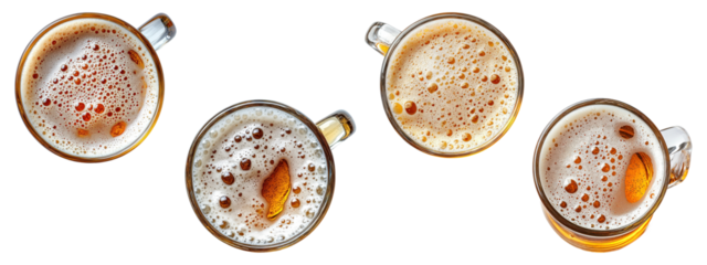 Top view of beer foam in glass mugs, isolated on transparent background