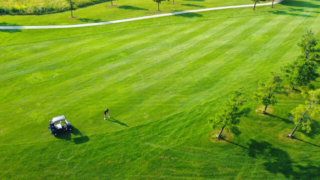 Golfer practicing on green field. A scenic view of a golfer practicing on a lush green golf course with a golf cart nearby, surrounded by trees.