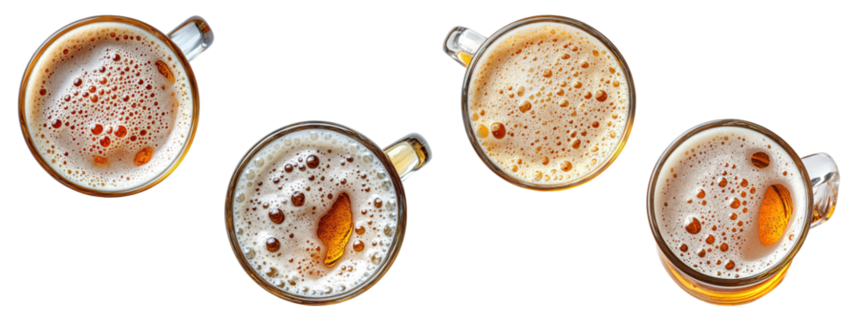 Top view of beer foam in glass mugs, isolated on transparent background