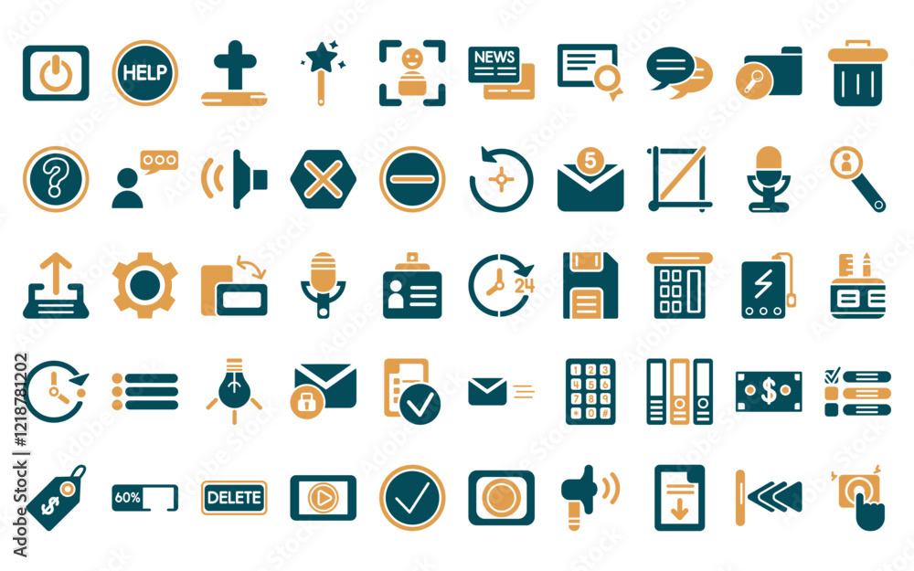 Poster 50 linear user interface icon pack. vector thin line hours, help web button, cross, magic wand butto