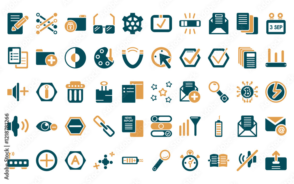 Poster 50 linear user interface icon pack. vector thin line rounded point star, lace, unlock folder, square