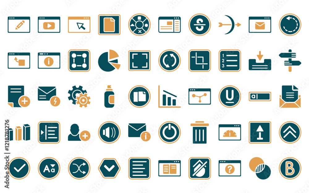 Aufkleber 50 linear user interface icon pack. vector thin line decreasing bars chart, video file, direct selec