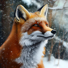 Obraz premium Red Fox in Winter Wonderland: A captivating portrait of a red fox in its winter coat, standing in a snowy woodland with snowflakes falling gently around it.