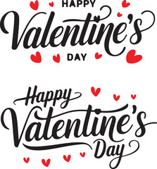 Valentine's Day typography, elegant script lettering, black calligraphy, red heart decorations, white background