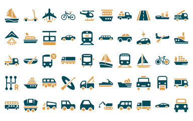 50 linear transportation icon pack. vector thin line pt boat, kick scooter, jetliner, bike, helicopter, houseboat, pickup icons suitable for apps and websites ui designs.