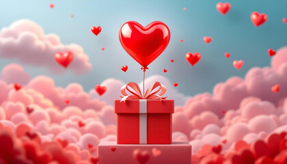 A creative Valentine's Day celebration featuring a floating gift box and heart balloon in an artistic paper art style