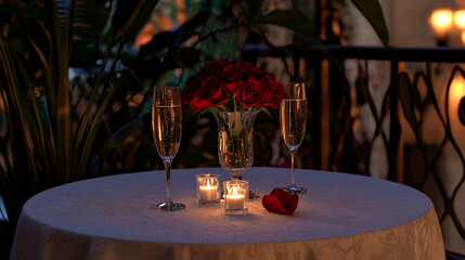 Romantic Dinner Setup with Red Roses and Candlelight