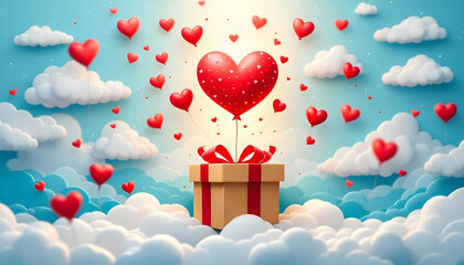 Happy Valentine's Day banners featuring a pink gift box and heart balloon in a romantic and festive paper art style