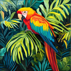 Fototapeta premium Scarlet Macaw in Tropical Paradise: A vibrant scarlet macaw perches amidst lush, tropical foliage, its vivid red, yellow, and blue plumage contrasting beautifully with the deep green leaves.