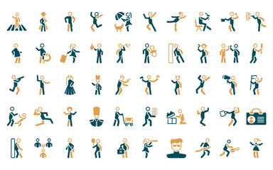 50 linear people icon pack. vector thin line flag semaphore language, napoleon figure, torso, man celebrating, woman covering, man jumping, gymnast girl icons suitable for apps and websites ui