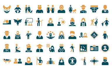 50 linear people icon pack. vector thin line spanish woman, baby with diaper, man girl and dog, psychology, no racism, old man, mother and baby icons suitable for apps and websites ui designs.