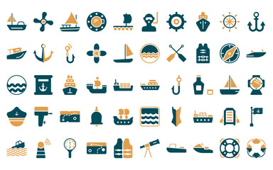 50 linear nautical icon pack. vector thin line gunboat, boat screw, felucca, boat porthole, wood raft, diver, ship helm icons suitable for apps and websites ui designs.