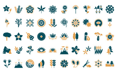 Obraz premium 50 linear nature icon pack. vector thin line sun, rosemary, petunia, cannabis, clematis, gerbera, carnation icons suitable for apps and websites ui designs.