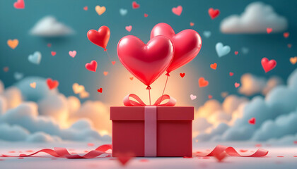 A beautiful Valentine's Day greeting featuring a floating gift box with heart balloon in a delicate paper art style
