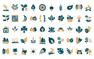 50 linear nature icon pack. vector thin line asian, black willow, nut leaf, tree leave, solar, damaged, grains icons suitable for apps and websites ui designs.